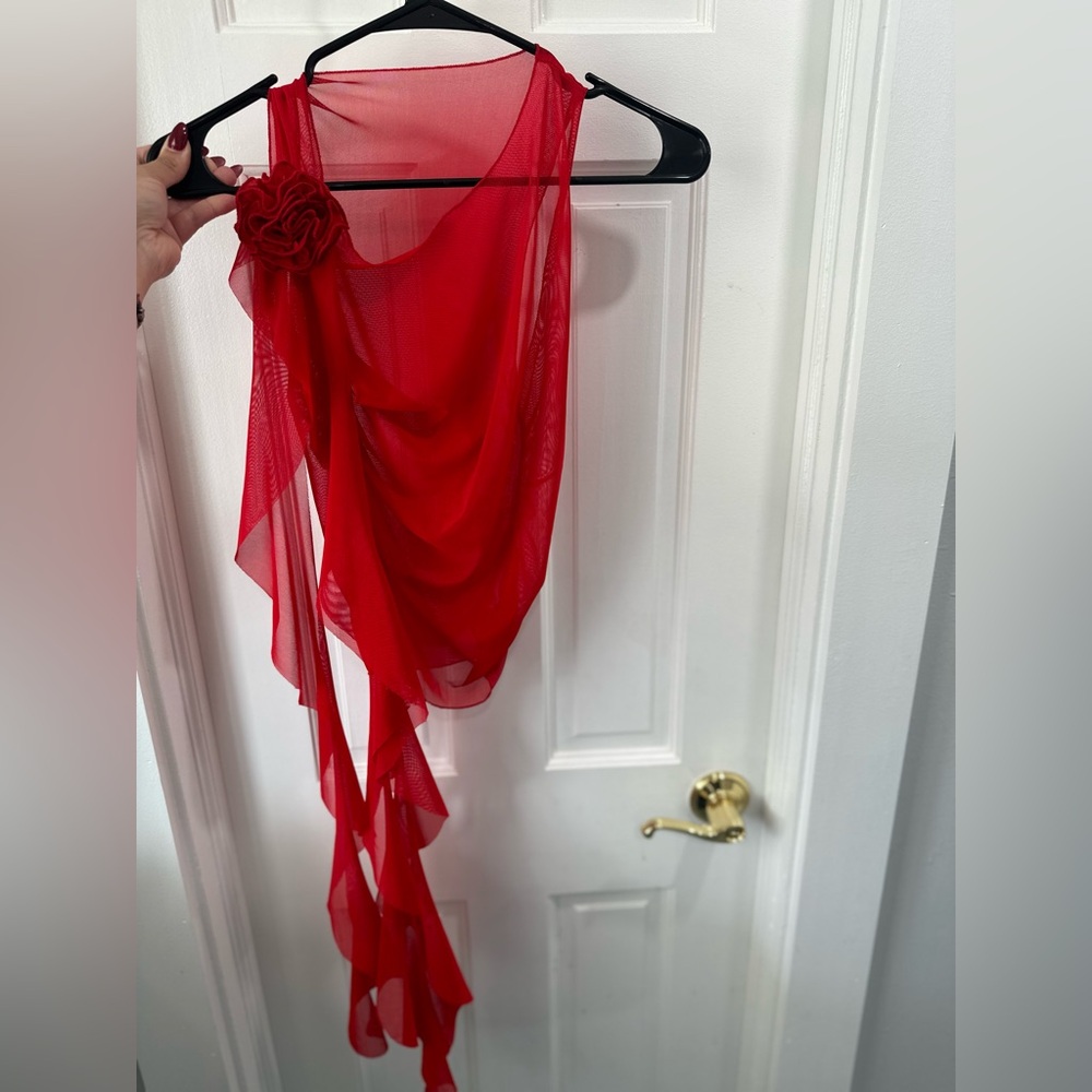 Red mesh top with flower detail